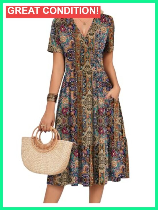 Dresses & Skirts - Short Sleeve Midi Wrap V-Neck Floral Tiered A-Line Dress with Pockets